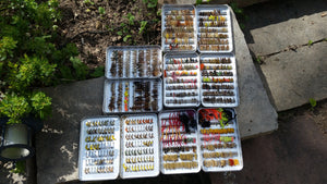 Lot of 5 Perrine fly boxes full of flies (dries, streamers, nymphs, etc.)