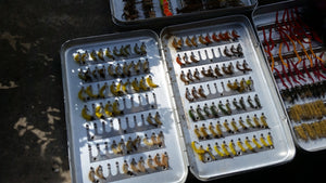 Lot of 5 Perrine fly boxes full of flies (dries, streamers, nymphs, etc.)