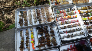 Lot of 5 Perrine fly boxes full of flies (dries, streamers, nymphs, etc.)