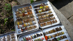 Lot of 5 Perrine fly boxes full of flies (dries, streamers, nymphs, etc.)