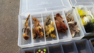 Lot of 4 Plano fly boxes full of flies (dries, streamers, nymphs)