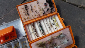 Lot of 6 plastic fly boxes full of flies (dries, streamers, nymphs)