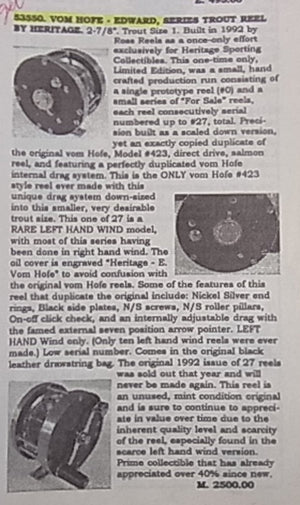 Heritage Vom Hofe Style Trout Fly Reel (made by Ross Reels)