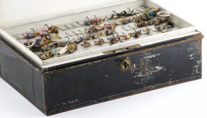 Japanned Salmon Fly Reservoir - stuffed with fine salmon flies