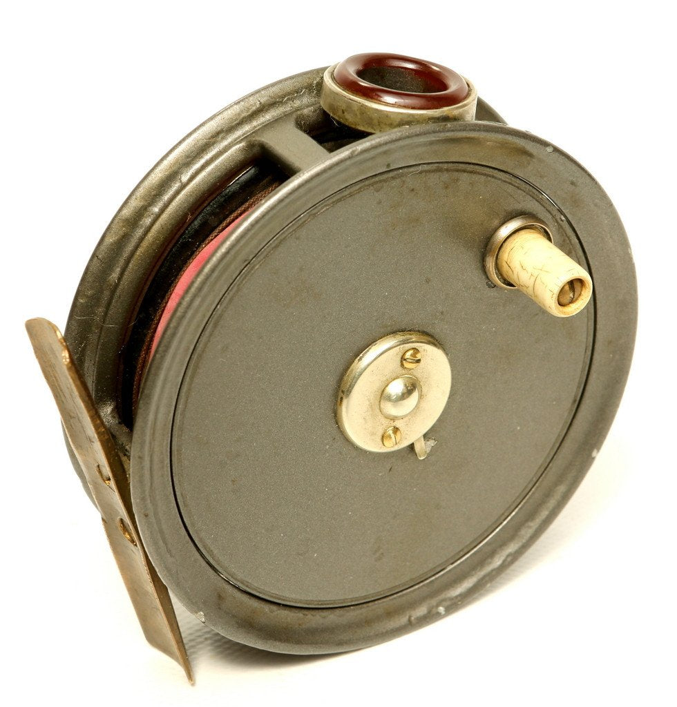 antique red fishing reel JW Young 3 1/2" red agate fly reel