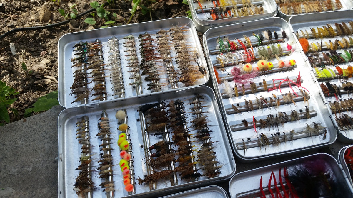 Lot of 5 Perrine fly boxes full of flies (dries, streamers, nymphs, etc.) 