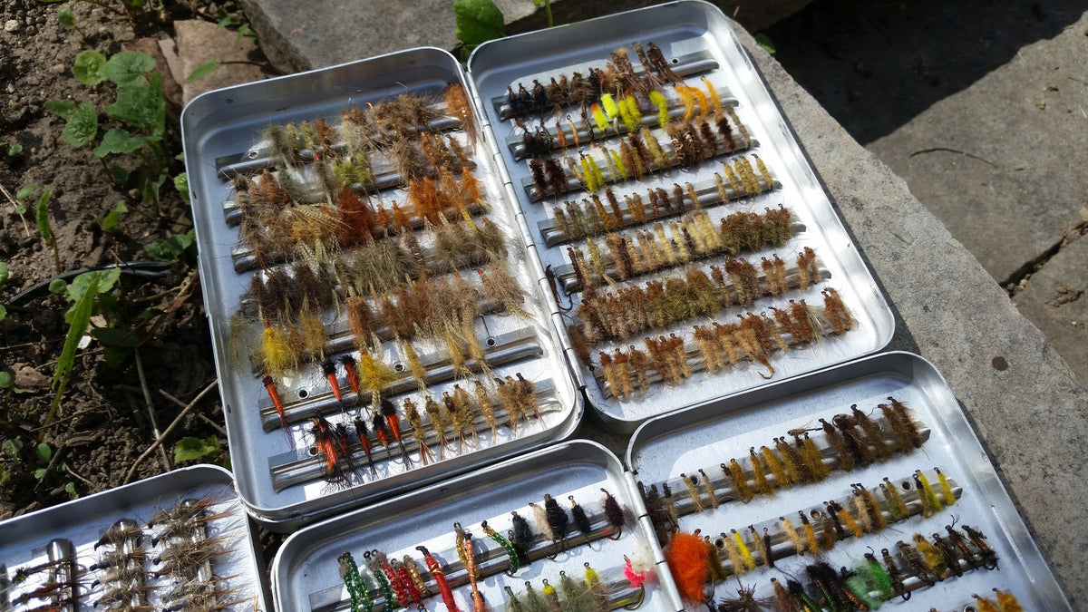 Lot of 5 Perrine fly boxes full of flies (dries, streamers, nymphs, etc.) 