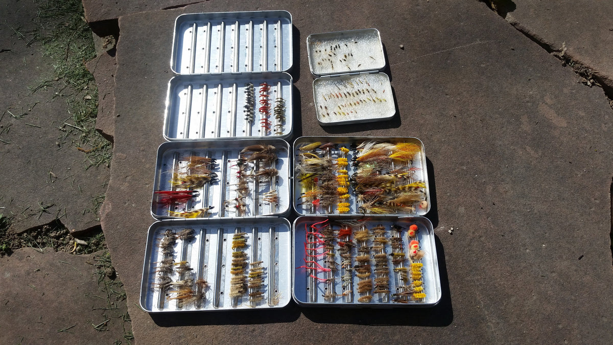 Lot of 4 Perrine fly boxes full of flies (dries, streamers, nymphs, etc.) 
