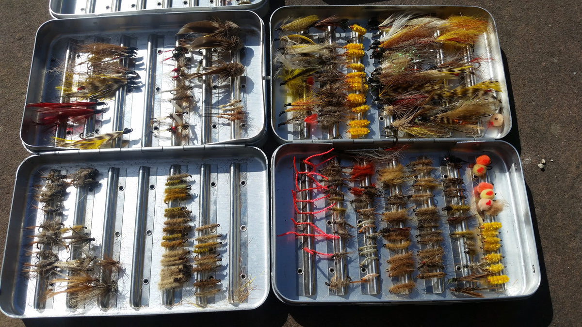 Lot of 4 Perrine fly boxes full of flies (dries, streamers, nymphs, etc.) 