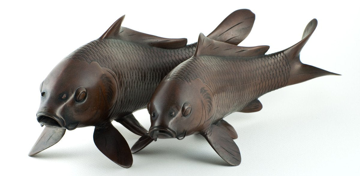 Bronze Carp Pair (Okimono) - Artist Nobumitsu
