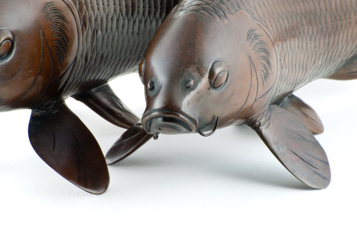 Bronze Carp Pair (Okimono) - Artist Nobumitsu 