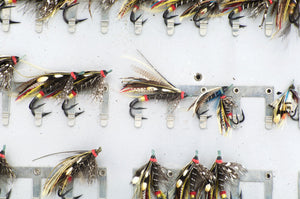Japanned Salmon Fly Reservoir - stuffed with fine salmon flies 