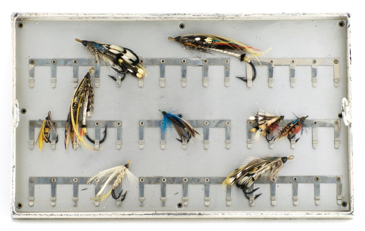 Japanned Salmon Fly Reservoir - stuffed with fine salmon flies