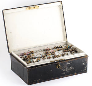 Japanned Salmon Fly Reservoir - stuffed with fine salmon flies 