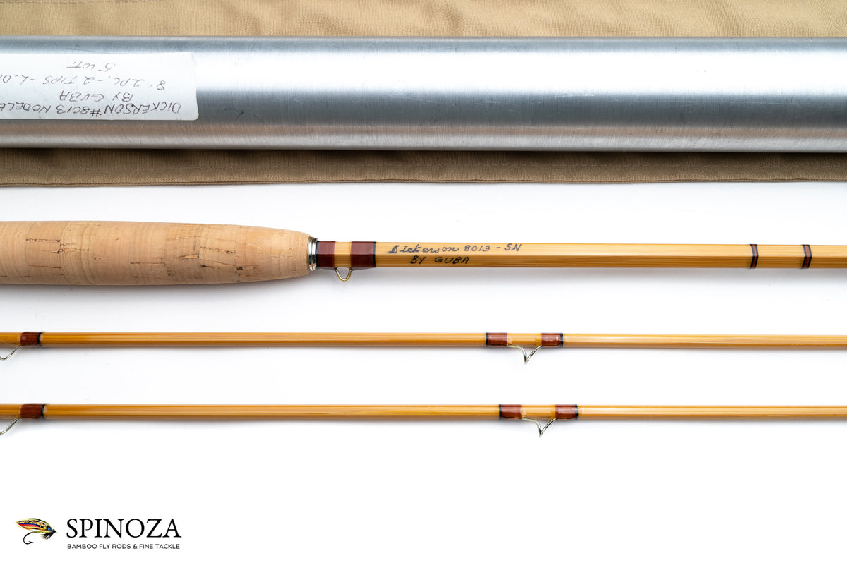 George Guba Dickerson 8013 Nodeless Bamboo Fly Rod 8' 2/2 #5 - maker signature and rod markings