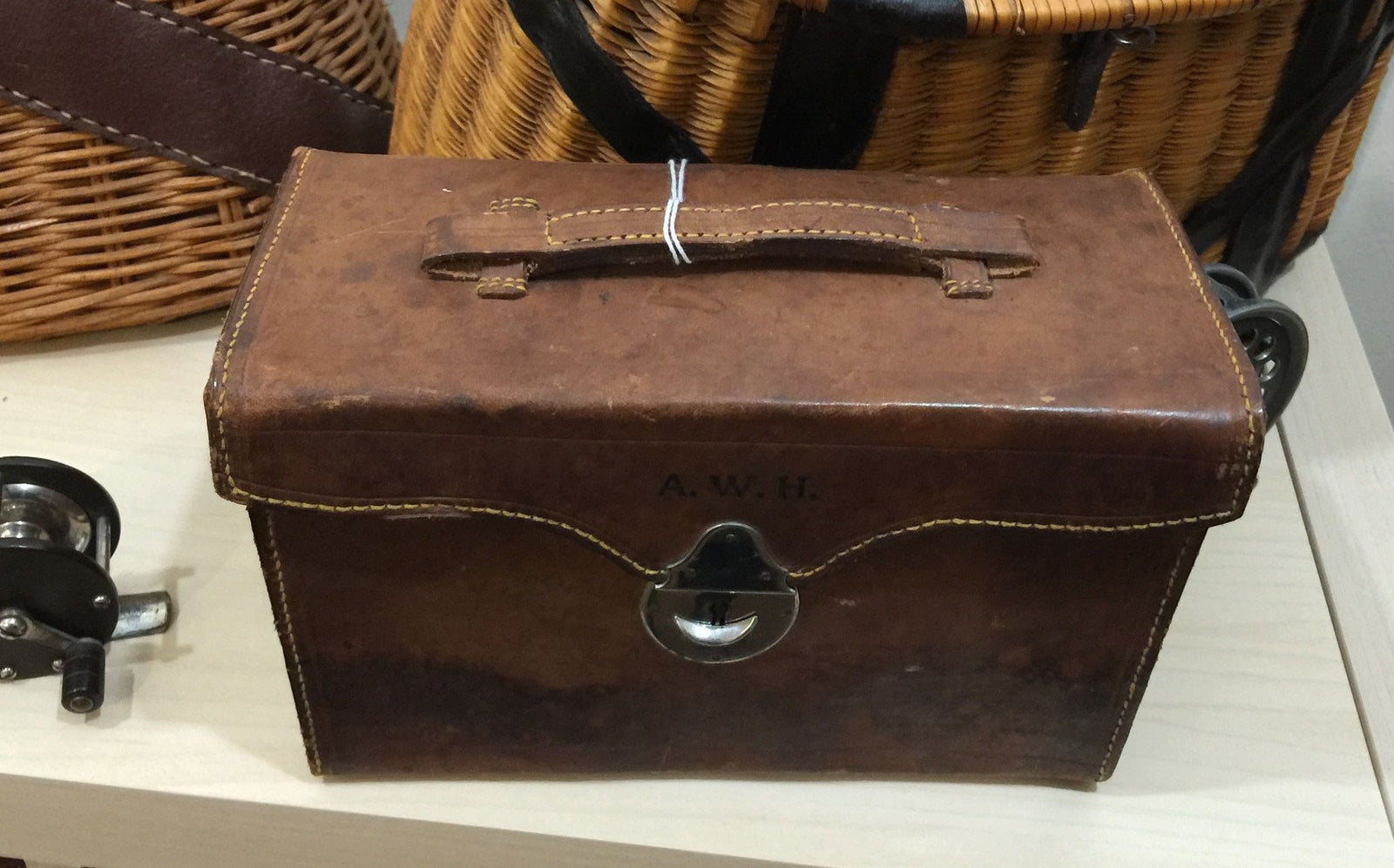 Abercrombie & Fitch leather salmon fly case with 150 unused salmon flies