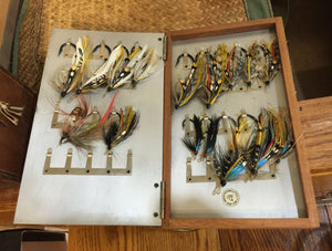 Abercrombie & Fitch leather salmon fly case with 150 unused salmon flies