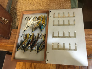 Abercrombie & Fitch leather salmon fly case with 150 unused salmon flies