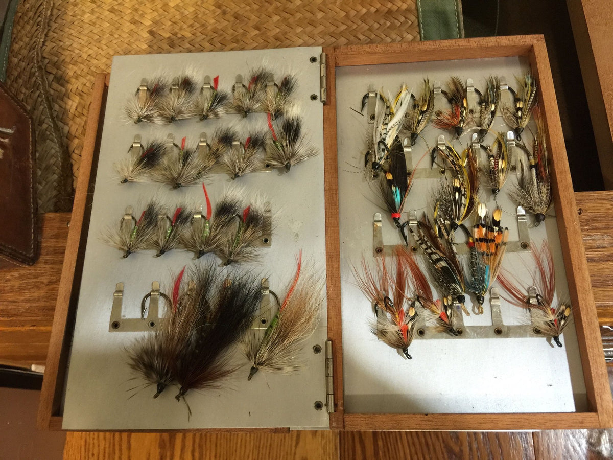 Abercrombie & Fitch leather salmon fly case with 150 unused salmon flies 