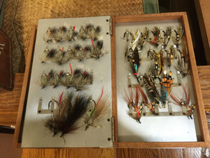 Abercrombie & Fitch leather salmon fly case with 150 unused salmon flies