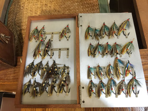 Abercrombie & Fitch leather salmon fly case with 150 unused salmon flies 