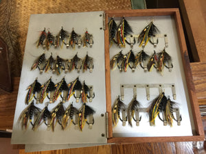 Abercrombie & Fitch leather salmon fly case with 150 unused salmon flies 