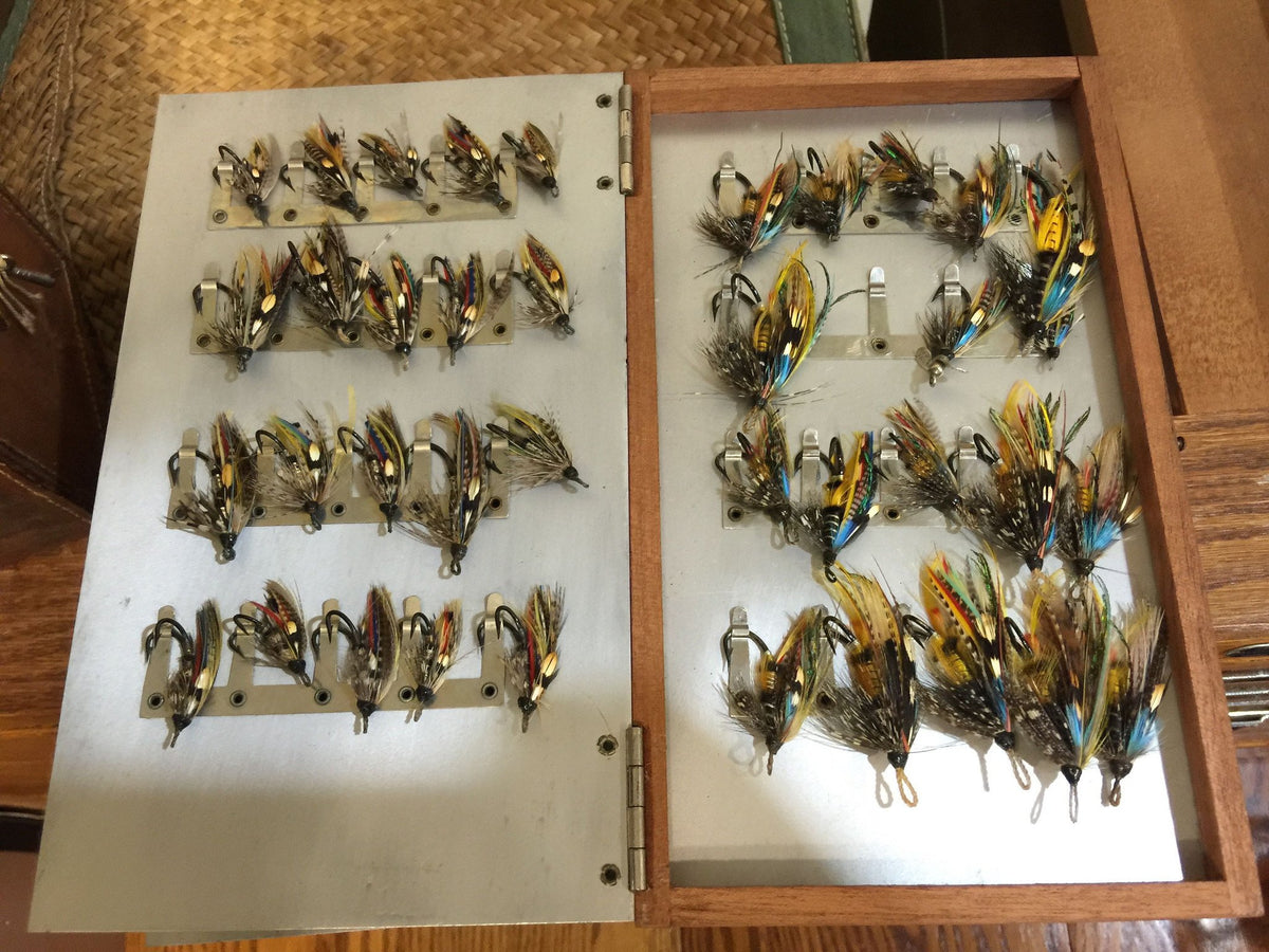 Abercrombie & Fitch leather salmon fly case with 150 unused salmon flies 