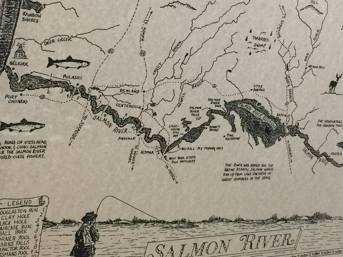 Salmon River Map with Barry Mill Flies (framed) 
