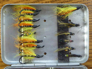 Perrine Fly Box with 22 double hook salmon flies 