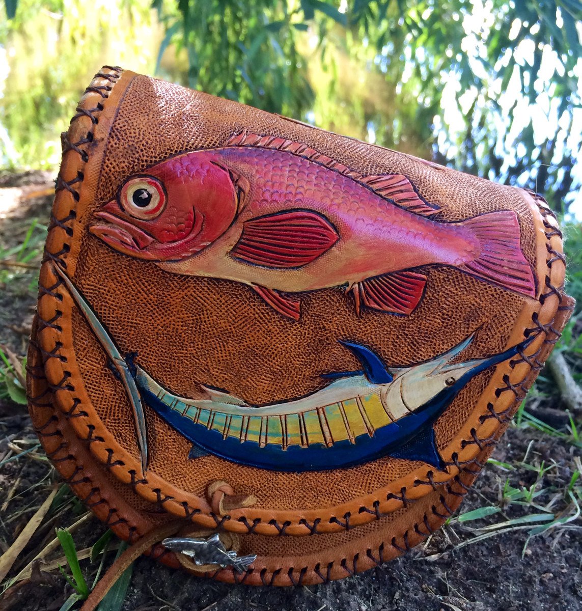 Annie Margarita Leather Reel Case - "One Fish, Two Fish, Red Fish, Blue Fish"